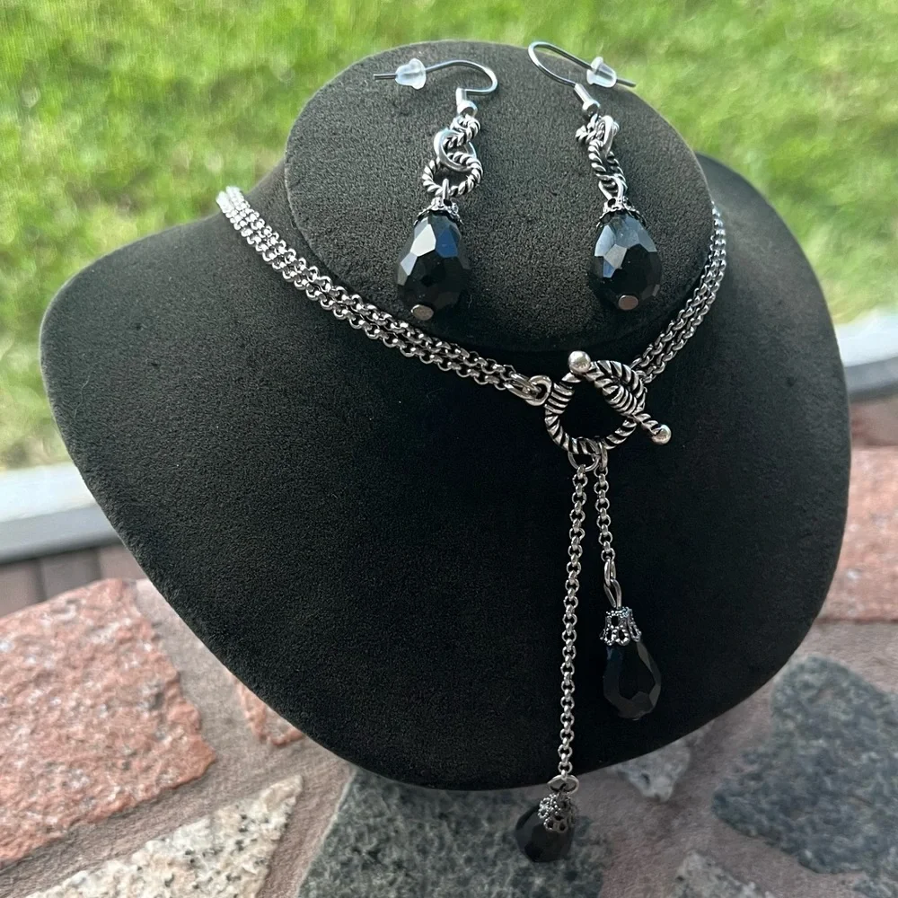 Y shape lariat double chain necklace Set black crystals ( necklace + earrings )_14